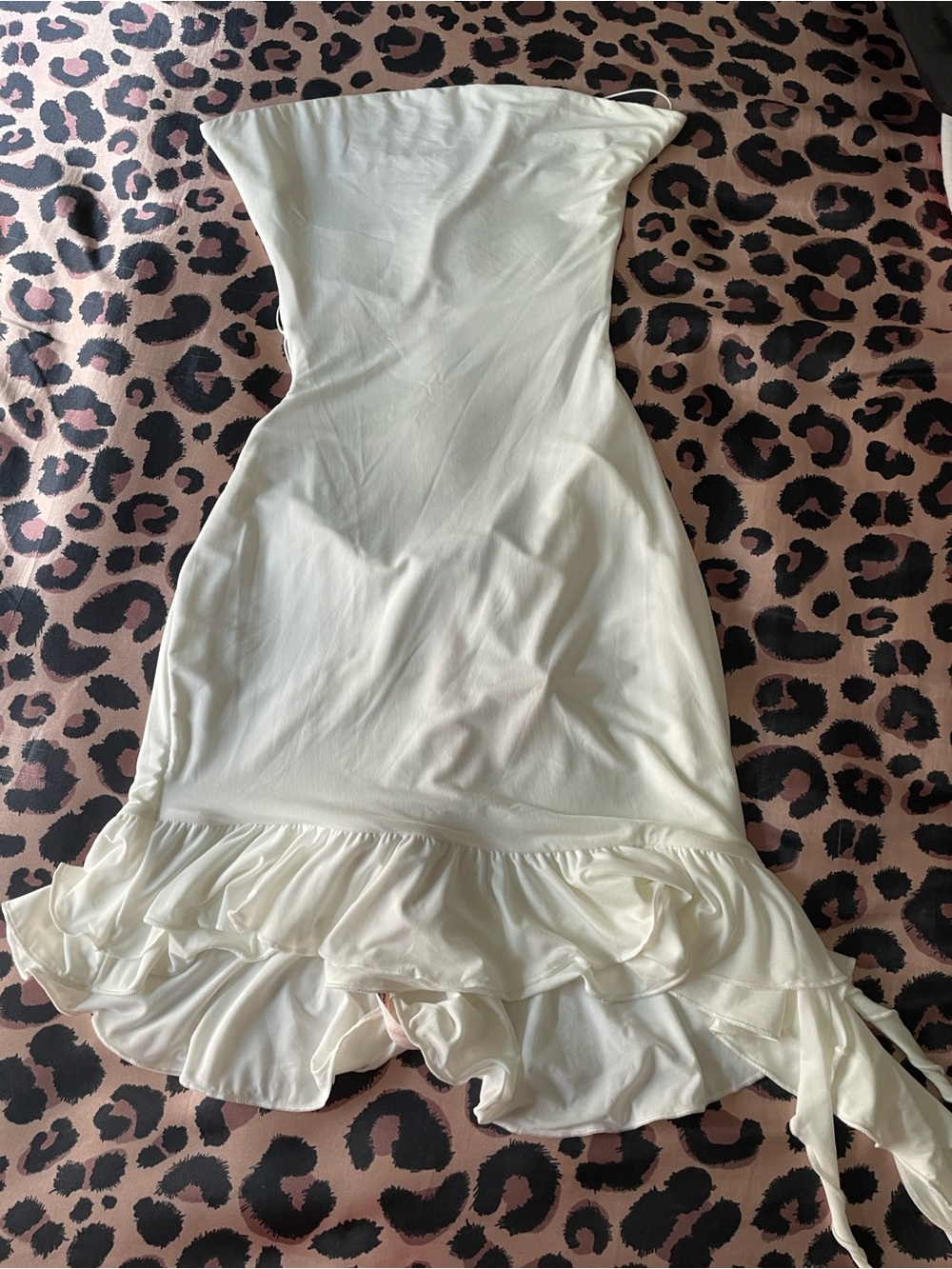 Oh Polly Cream Strapless Ruffle-Hem Midi Dress
